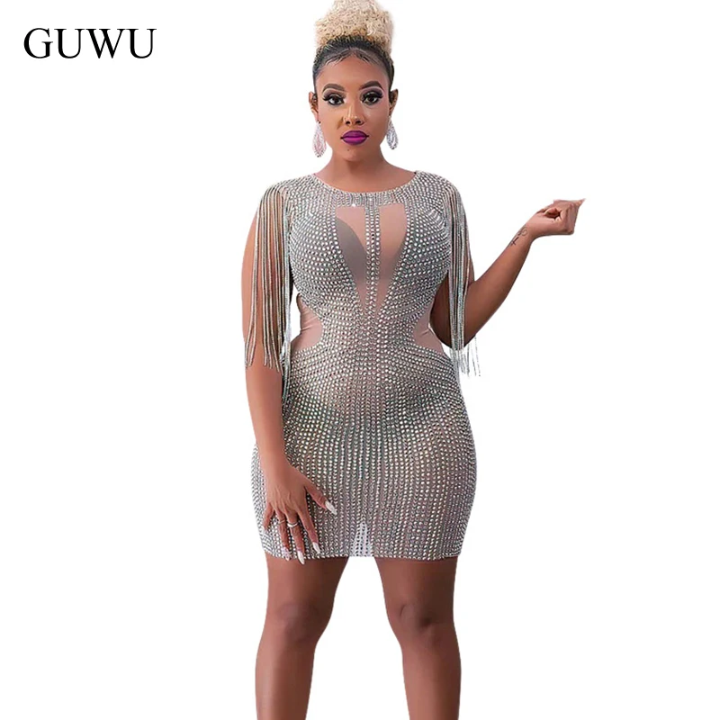 

Tassels Sequined Sexy Night Club Bodycon Bandage Party Mini Dress Summer 2022 Sheer Mesh Glitter Fringe Bling Sheath Tight Short