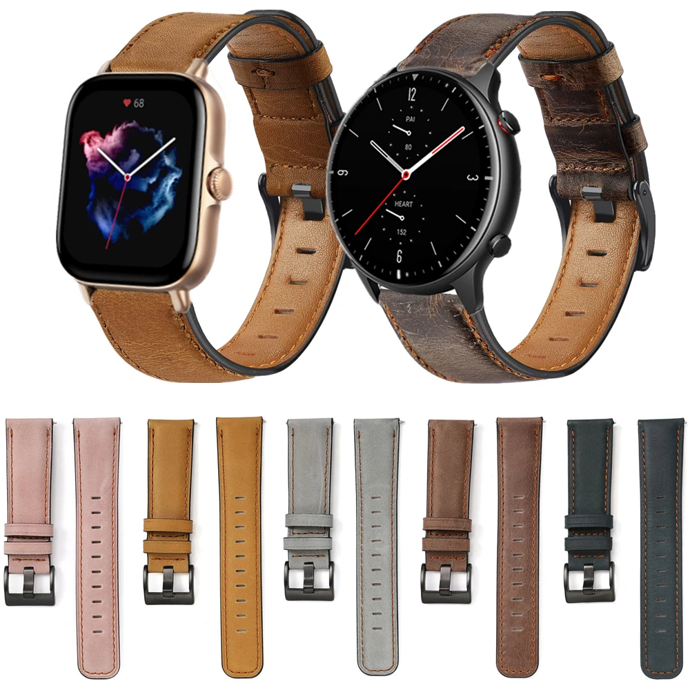 

Leather Strap For Huami Amazfit GTR 3/2/2e/42mm GTS 2 mini Retro Bracelet For Amazfit Bip U Pro Classic Look Smart Watchband New
