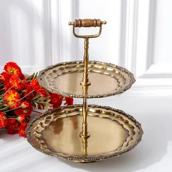 Antique Brass Double-Layer Tray Carved Fruit Cake Dish Snack Dessert Plates Copper With Handle Tableware Wedding Gifts Presents
