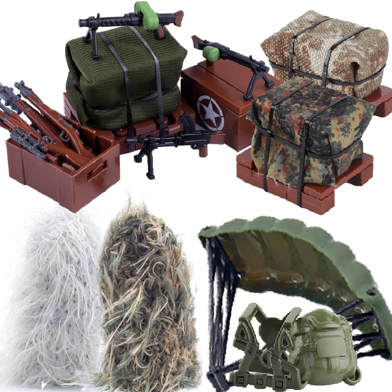 MOC Military Soldiers Camouflage Weapons Box Container Building Blocks Airdrop Ghillie Suit Gun Parachute Bag Bricks Toys