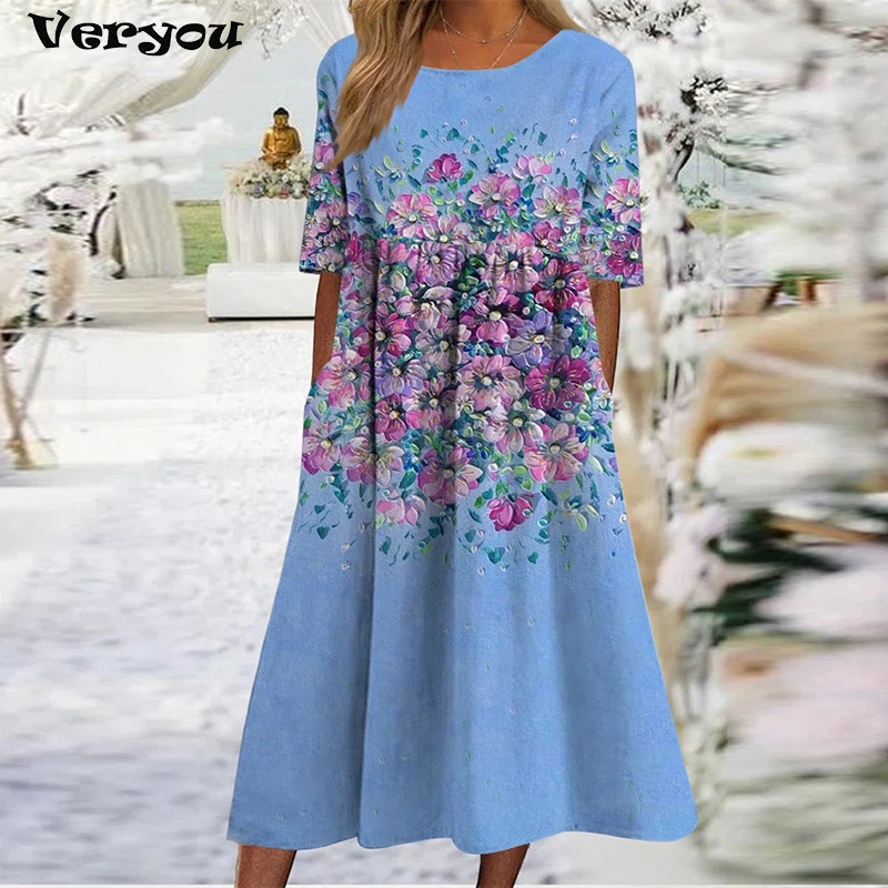 

Женское Повседневное платье с коротким рукавом, элегантное Свободное длинное платье с круглым вырезом и цветочным принтом, Новинка осени 2022