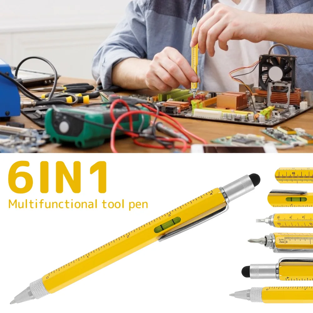 

6 in1 Multifunction Ballpoint Pen with Modern Handheld Tool Measure Technical Ruler Screwdriver Touch Screen Stylus Spirit Level