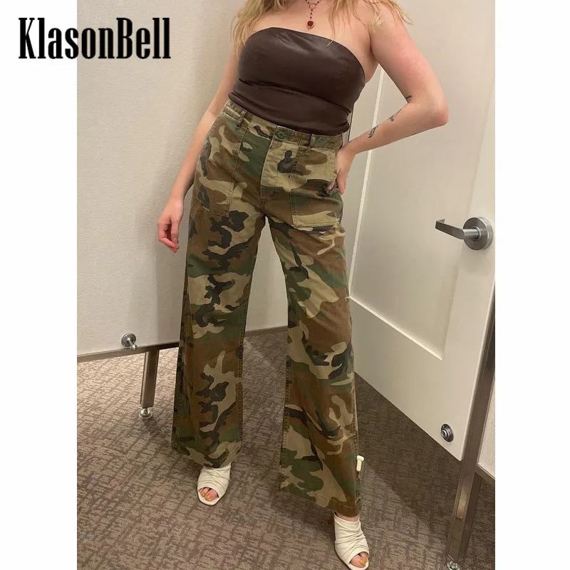 

6.1 KlasonBell Fashion Cotton Camouflage Print Washed Distressed Cargo Pocket Straight Pants Women