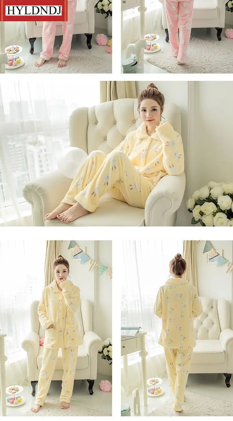 New Women Set Pijama for Winter Lapel Cardigan Long Sleeve Cartoon Sleepwear Flannel Pjamas Women's Warm Pajamas