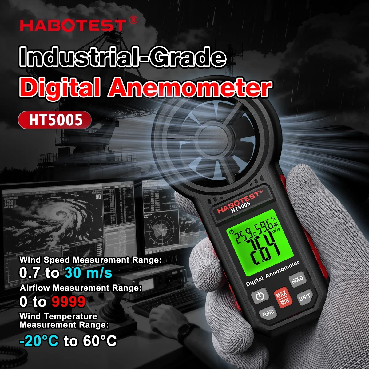 Фото Цифровой анемометр Habotest HT5005: Измеритель скорости ветра, температуры и влажности, многофункциональный тестер для промышленного применения и систем ОВКВ №1