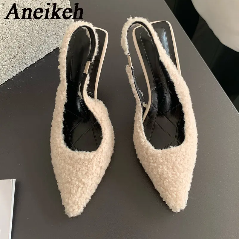

Aneikeh Women Spring/Autumn New Pointed Stiletto Heel Heels 2024 Elegant Temperament Famous Ladies Lambhair Muller Shoes 35-41