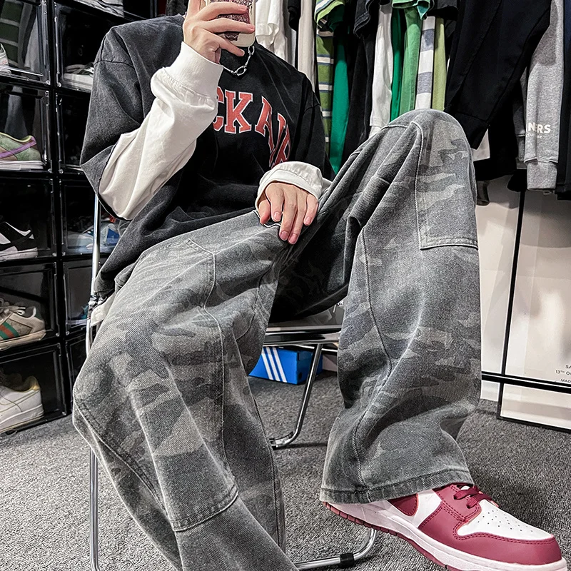 Camo Jeans Men Fashion Retro Casual Straight Baggy Jeans Men Streetwear Hip Hop Loose Cargo Jeans Mens Camouflage Trousers S-2XL
