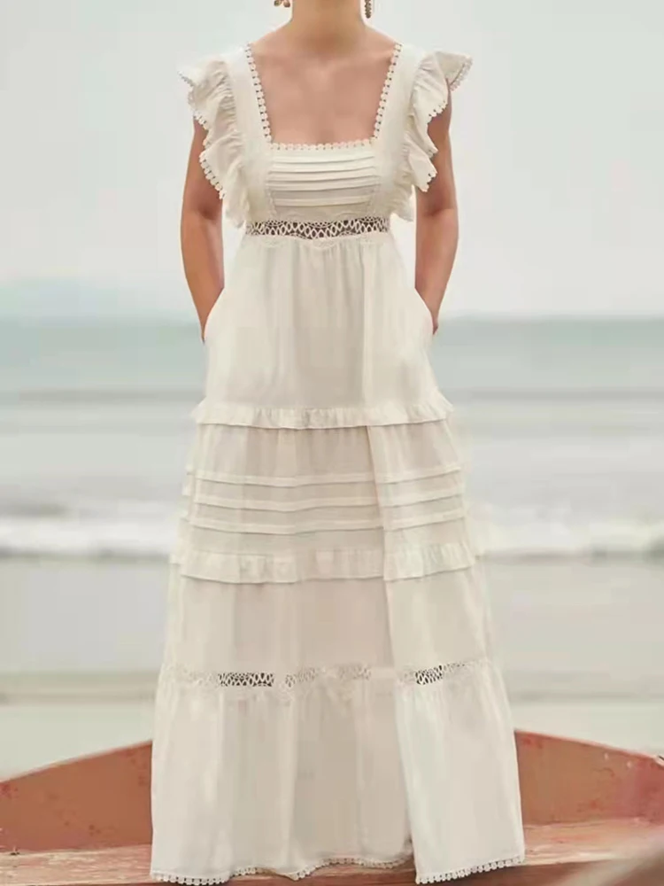 

2022 Summer Fashion Runway Elegant Long Dress Women White Blue Yellow Ruffles Patchwork Sleeveles Party