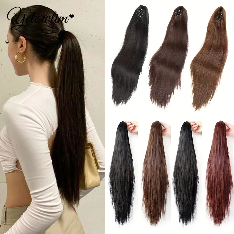 Синтетические длинные прямые волосы на заколке для наращивания хвоста