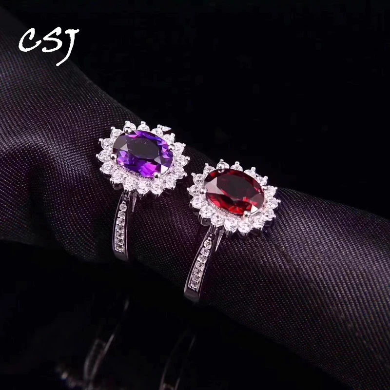 

CSJ Real Natural Garnet Ring Sterling 925 Silver Amethyst Gemstone 6*8mm for Women Fine Jewelry Wedding Birthday Box