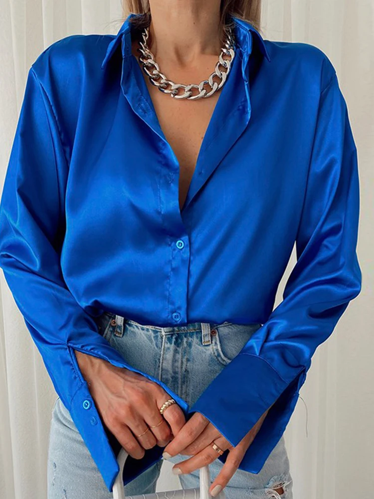 

Women 2022 Elegant Satin Solid Long Sleeve Blouses Female Chic Vintage Blue Green Casual Loose Fitting Buttons Down Shirts Tops