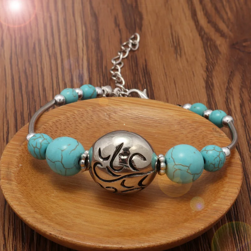

Bohemian Ethnic Big Ball Carved Natural Stone Beads Bracelets & Bangles for Women Vintage Jewelry Accessories