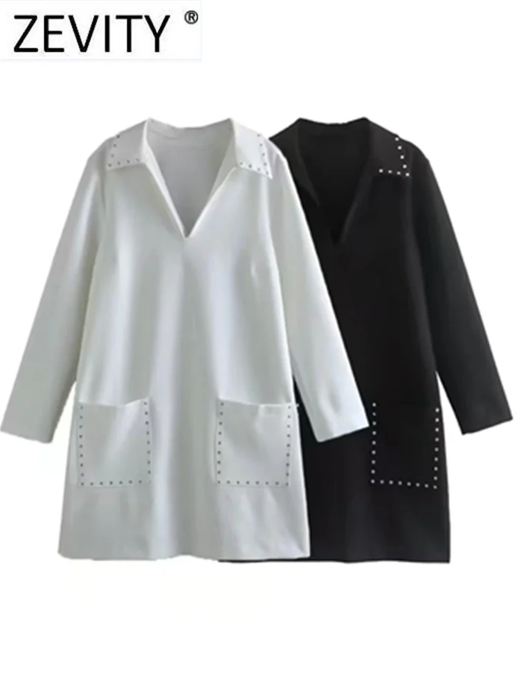 

Zevity Women Fashion Black White Color Polo Collar Rivet Decoration Straight Mini Dress Female Chic Casual Party Vestidos DS3155