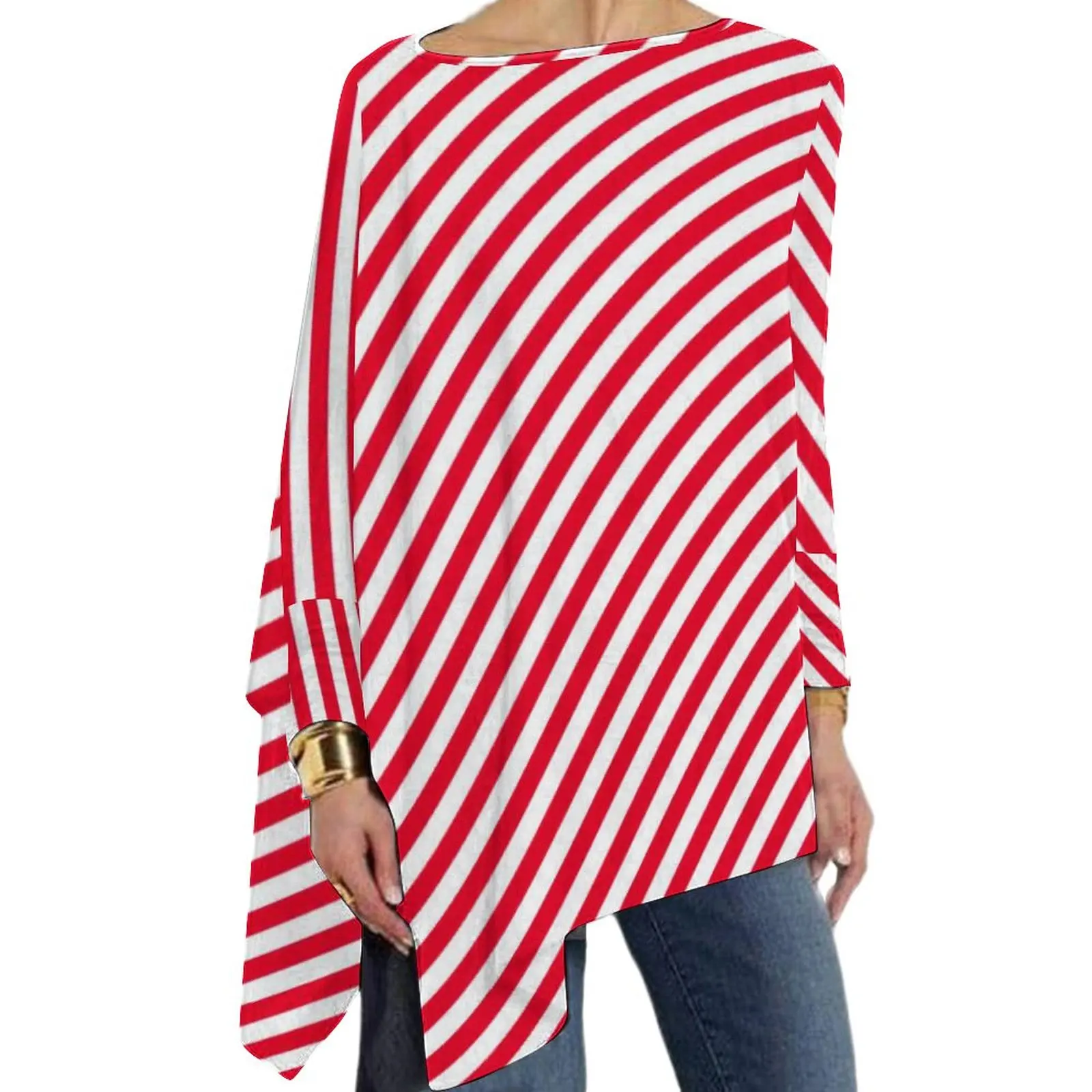 

Красно-белые футболки в диагональную полоску, Милая футболка в красную полоску с рождественским эльфом, топы в уличном стиле с длинным рука...