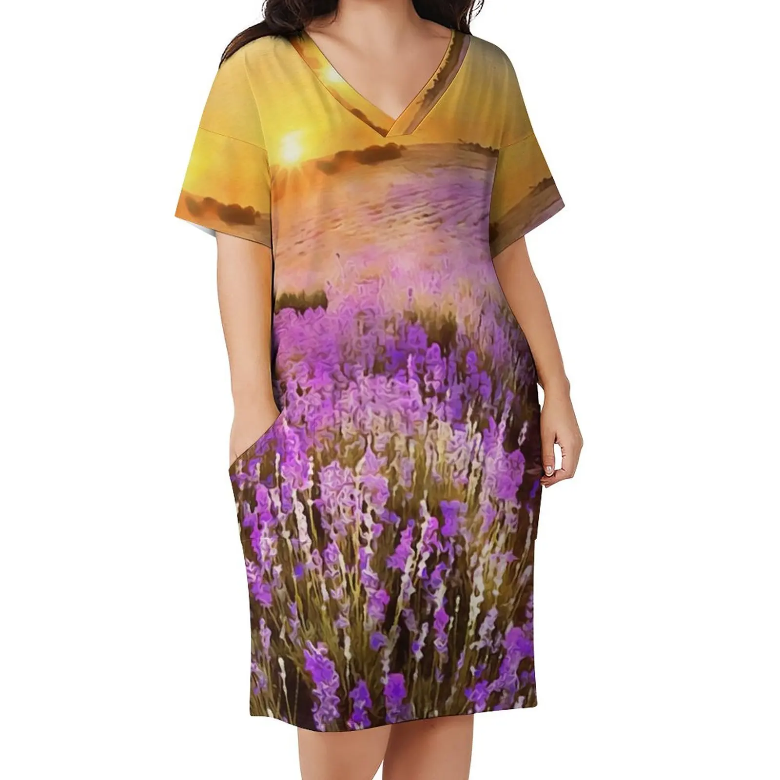 Lavender Fields Casual Dress Spring Sunset Print Stylish Dresses Womens V Neck Pattern Street Fashion Dress Plus Size 4XL 5XL