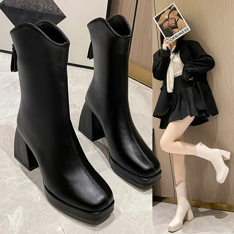 Купи Punk Style Autumn Winter Boots Elastic Microfiber Shoes Woman Ankle Boots High Heels Black Thick Platform Long Knee High Boots за 460 рублей в магазине AliExpress