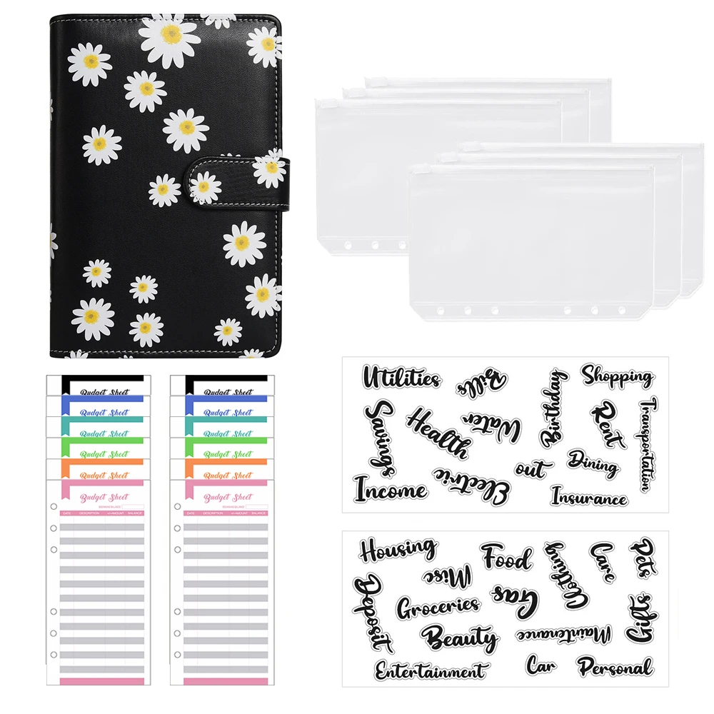 

A6 Budget Binder Notebook School Diary PU Leather DIY Planner Organizer 6 Zipper Pockets 12 Pcs Budget Sheet Drop Shipping