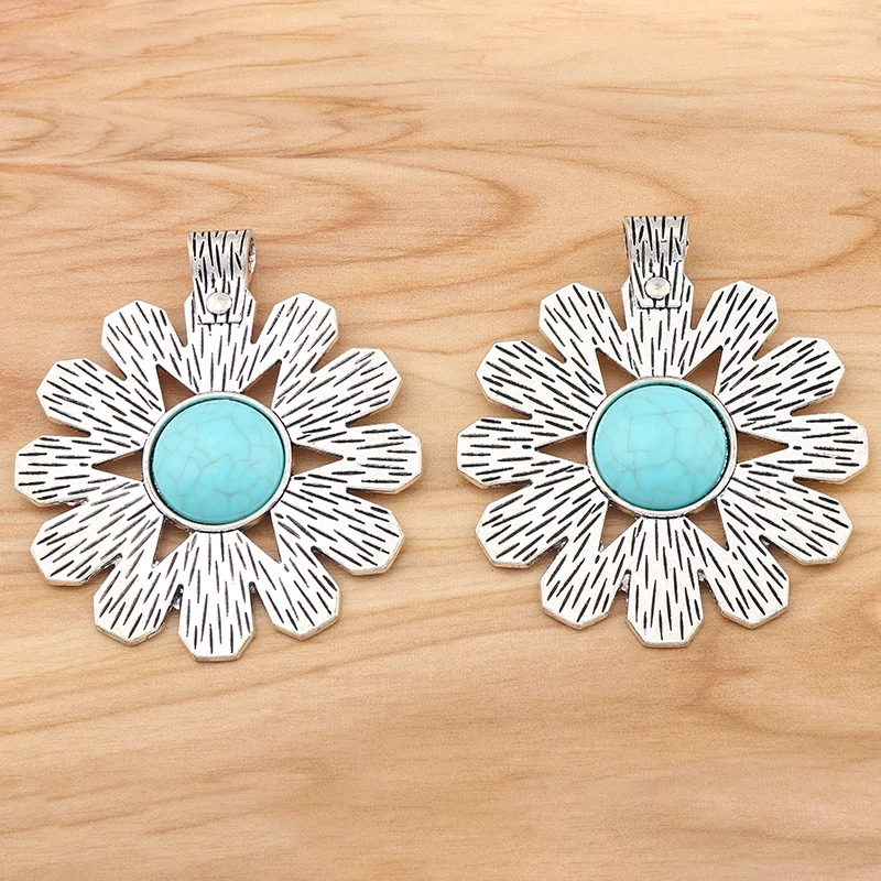 

2Pcs Tibetan Silver Large Faux Turquoise Stone Flower Charms Pendants For DIY Necklace Jewelry Making Findings Accessories