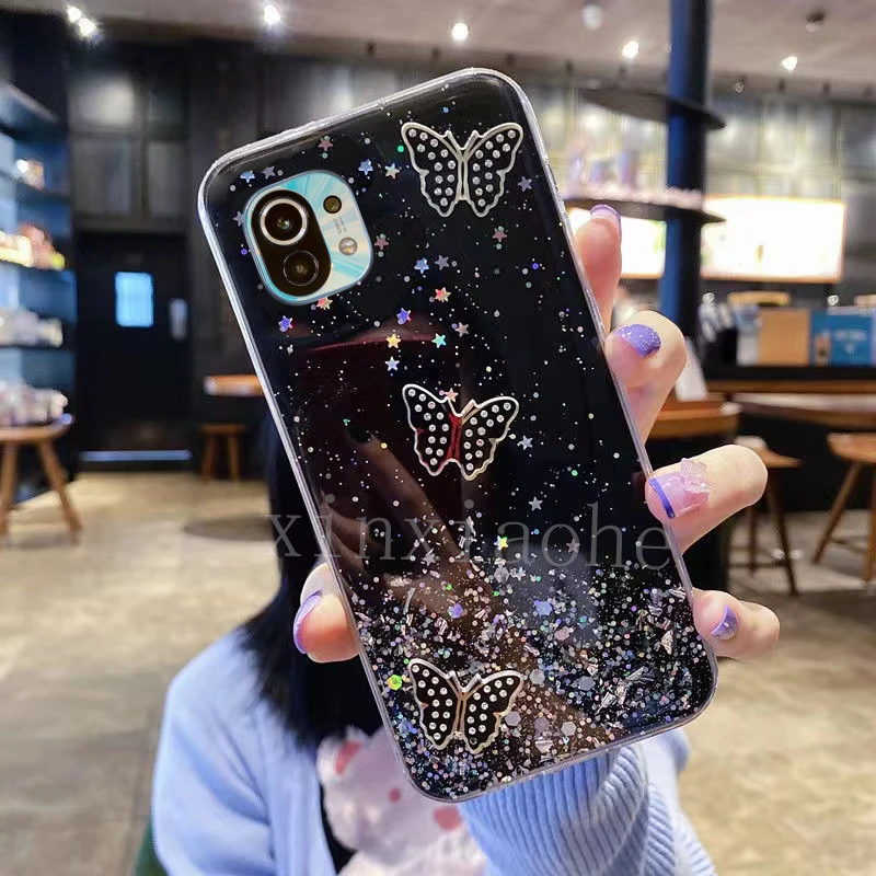 Чехол для телефона XIAOMI Mi 11 Lite 5G butterfly мягкий прозрачный блестящий чехол Xiaomi11 NE cover -