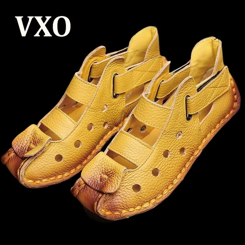

VXO Summer Cowhide Shoes Flat Women's Shoes Genuine Leather Breathable Sandals Retro Handmade Sandals Multi-Color