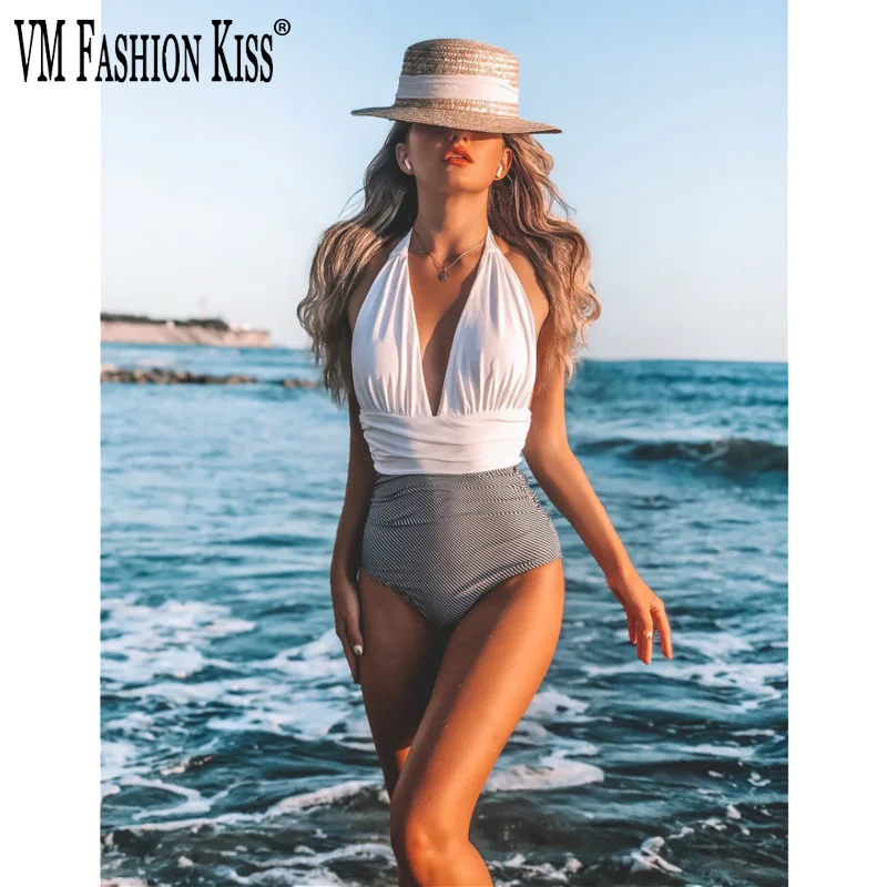 

VM FASHION KISS 2022 New Summer One-piece Backless Sexy Color-blocking Bikini Swimsuit With Chest Pads Without Steel Support