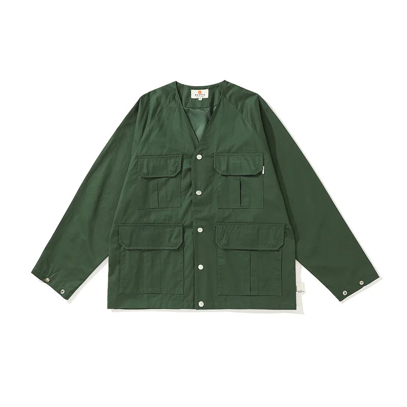 Japan Streetwear Fashion Vintage Cargo Jacket Men V-neck Multi-pocket Loose Coat Outerwear Tops Cityboy Outdoor Jacket Overcoat