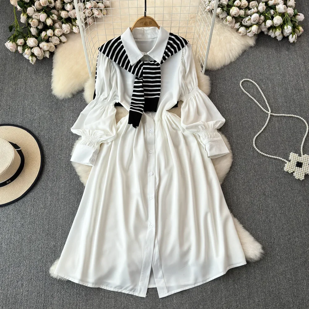 Однобортное однобортное платье-рубашка трапециевидной формы с фонариком на