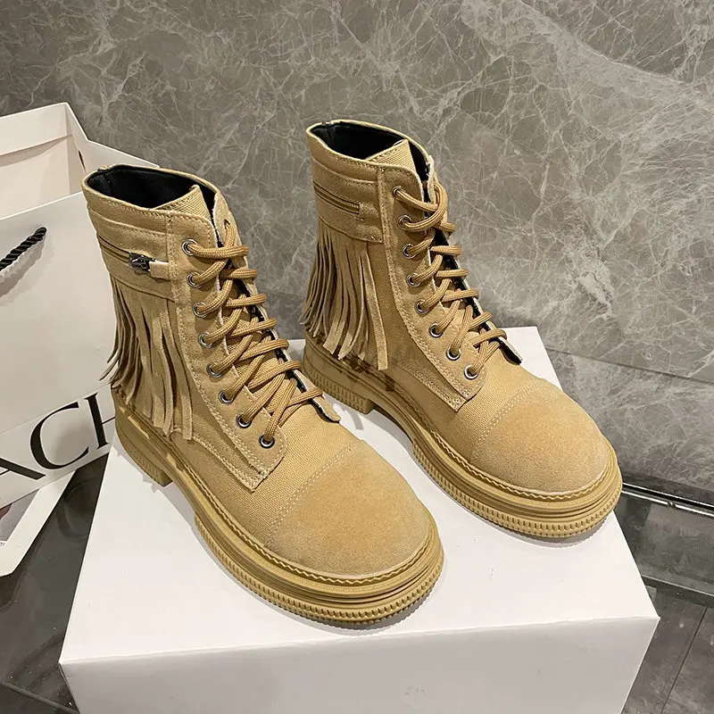 2023 Faux Suede Boots Platform Chunky Ankle Boots Women Autumn Winter Thick Heels Botas Woman Lace Up Casual Motorcycle Shoes