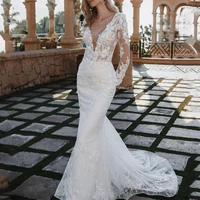 mermaid wedding dress 2022 full sleeve backless romantic beading lace appliques beach bridal gown vestido de noiva
