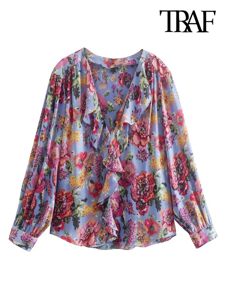 

Блузка женская с оборками и цветочным принтом, свободного покроя