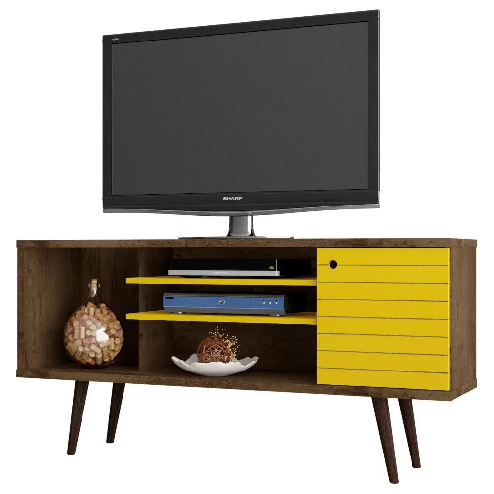 

Liberty 53.14" Mid Century - Modern TV Stand with 5 Shelves and 1 Door with Solid Wood Legs, Brown, Yellow