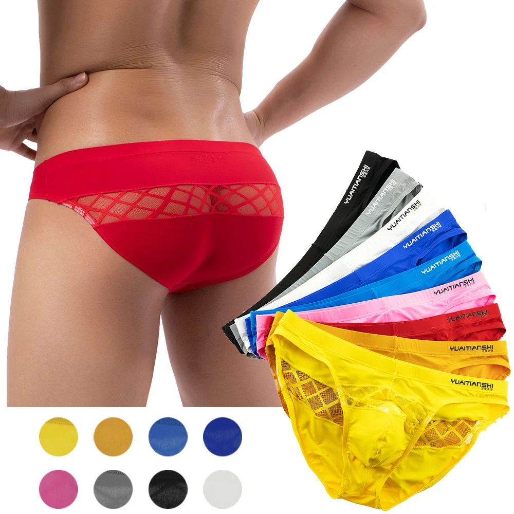 

S-2XL Men Ultra-thin Transparent Panties Ice Silk Seamless Briefs Soft Breathable Full Mesh Underwear Low Waist 9 Solid Color