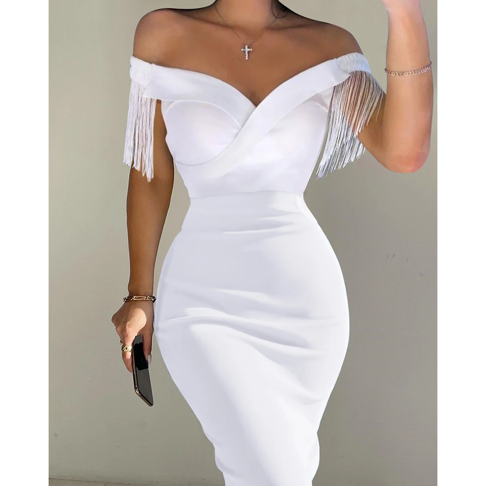 

Women Tassel Design V Neck Short Sleeve Sexy Off Shoulder Solid Bodycon Dress Skinny Party Dress Summer 2022 New