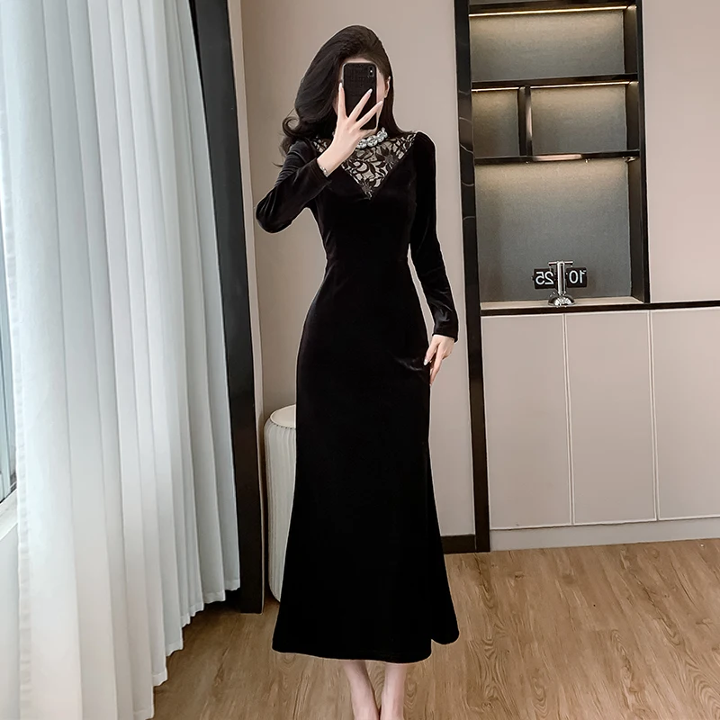2024 новое элегантное зимнее велюровое платье-русалка миди для женщин