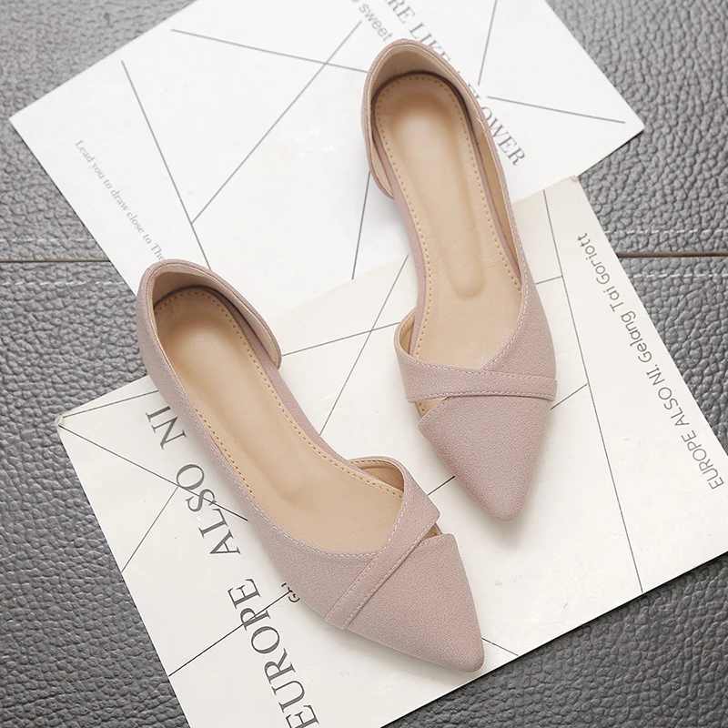 

2022 Fashion Women Flats Pink Black Pure Color Suede Leather Pointed Toe Office Lady Flat Heel Shoes New Woman Shoes