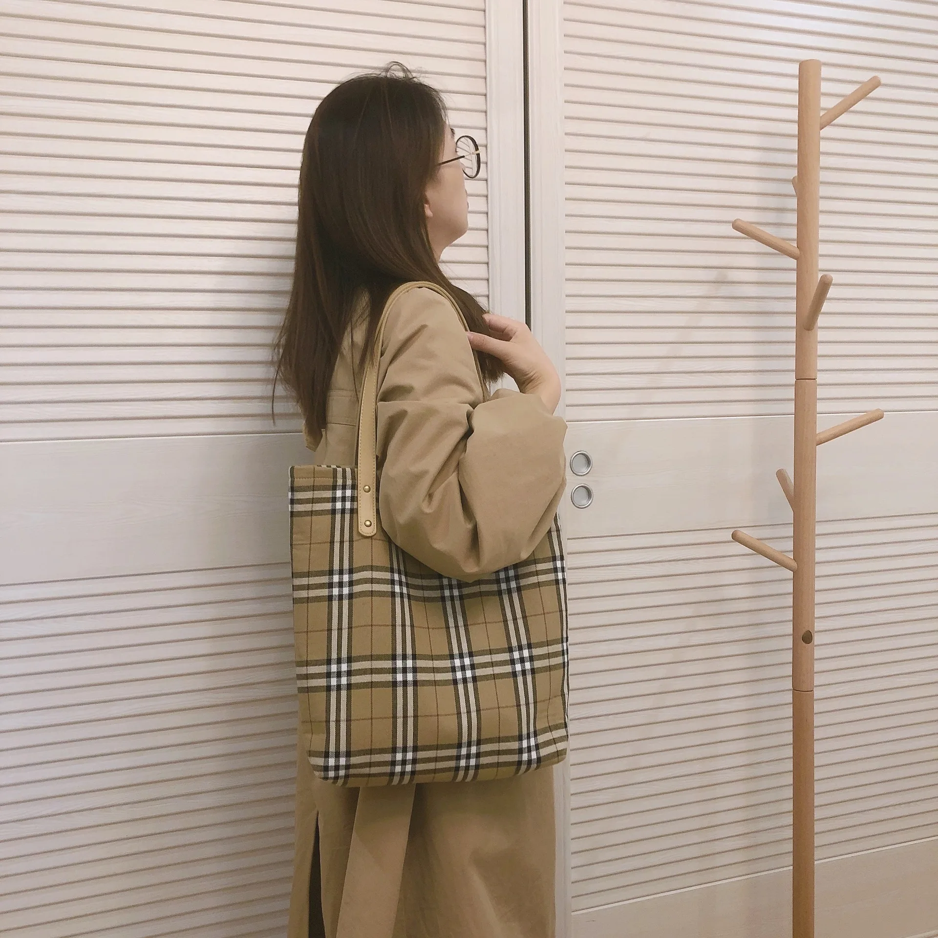 Women Canvas Shoulder Bags Retro Plaid Large Capacity Handbags Female Shopping Portable Lazy Foldable Tote Bag  Ladies Hand Bags