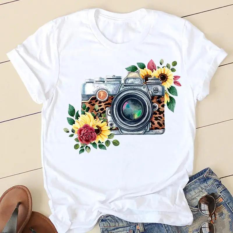

Women T-shirts Camera Style Flower Ladies Fashion Clothing Cartoon Clothes Short Sleeve Spring Summer Female Tee Graphic Tshirt