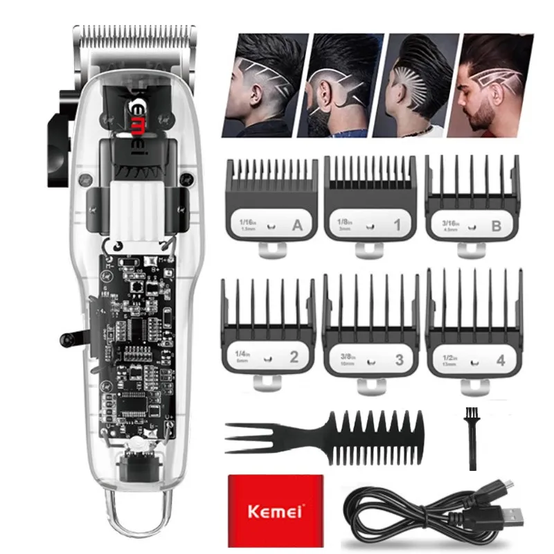 

Kemei KM-NG208 USB Transparent Body Hair Cutting Machine Electric Cordless Hair Trimmer Barbershop Professional Clipper for Men