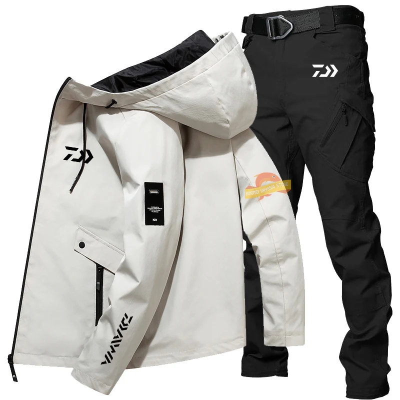 

Men's Spring Autumn Thin Fishing Clothing Fashion Hooded Windbreaker + Tactical Pants Outdoor Leisure Sports Multi-pocket Suits