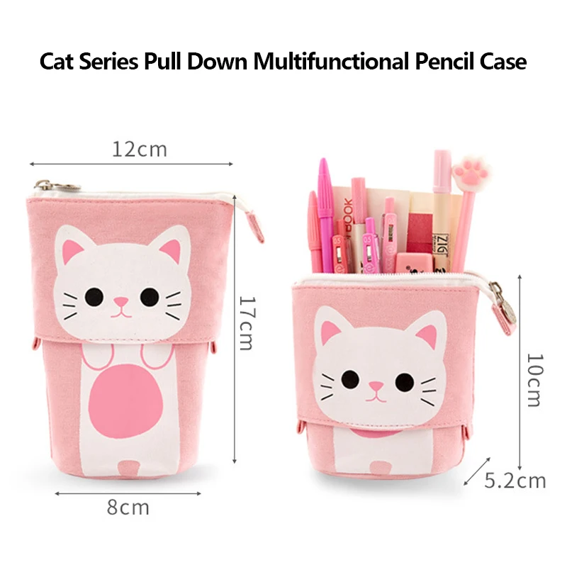 Cat Series Drop Down Multifunctional Pencil Case Cute Kawaii Stationery Simple Pen Holder Variable Canvas School Supplies