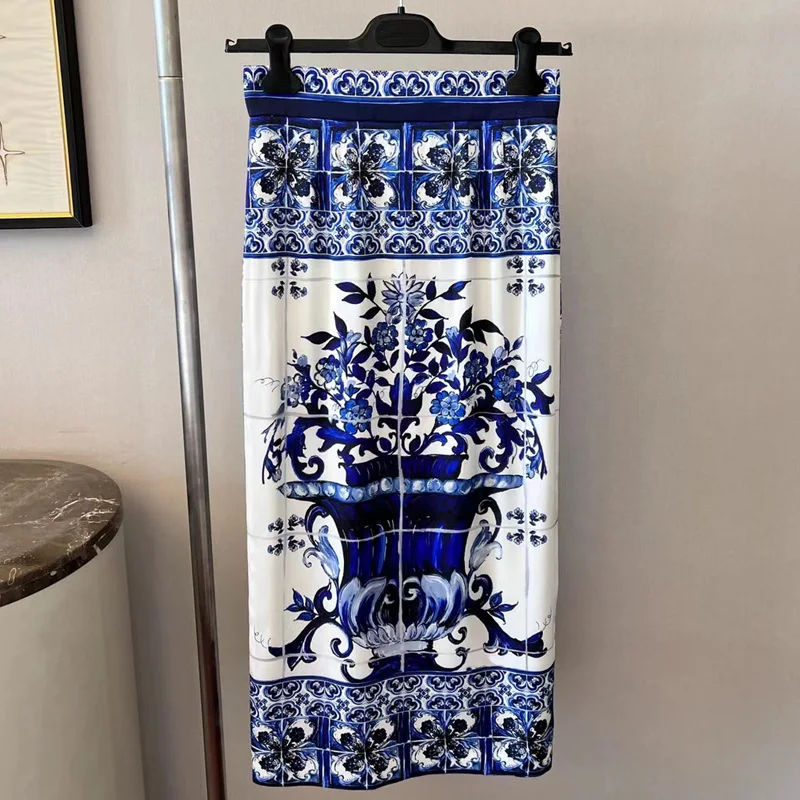 

Женская юбка из 100% шелка, сине-белая Праздничная юбка с принтом фарфоровых ВАЗ, модельная юбка, лето 2022