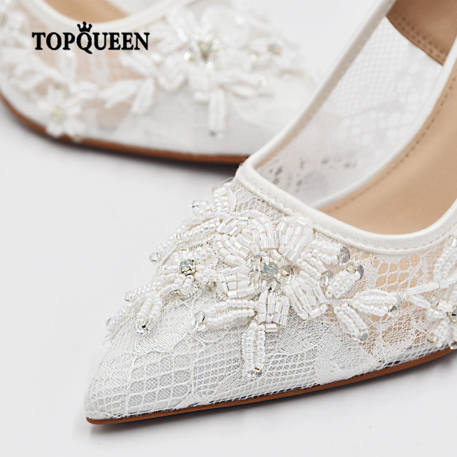 TOPQUEEN Wedding Shoes Bride Woman Shoes New Arrivals 2022 White Lace Bead Elegant Wedding Heels Ladies Wedding Shoes A04