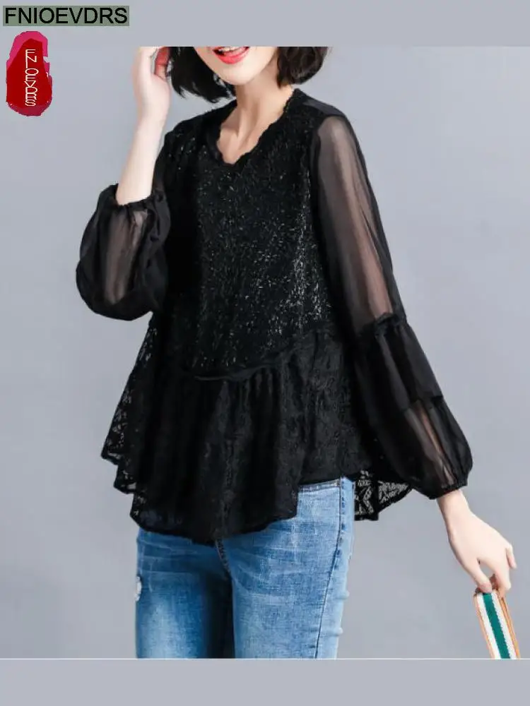 

2022 Spring Loose Clothes Blusas Women Hollow Out Crochet Velvet Blouse Office Lady Belly Vintage Retro Lace Peplum Tops 5331