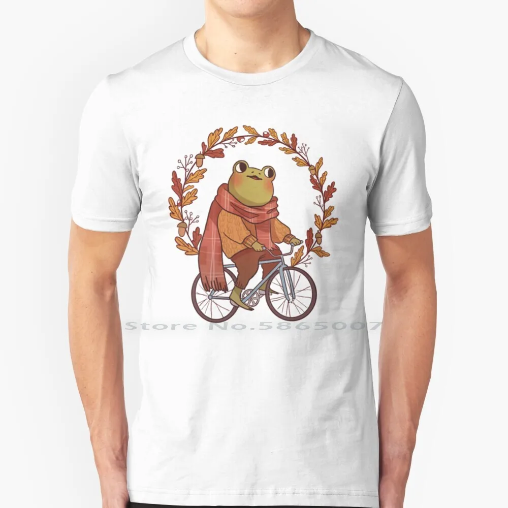 

Froggy On A Bycicle T Shirt 100% Cotton Froggy Fall Aesthetic Autumn Leaves Goblincore Cute Big Size 6xl Tee Gift Fashion