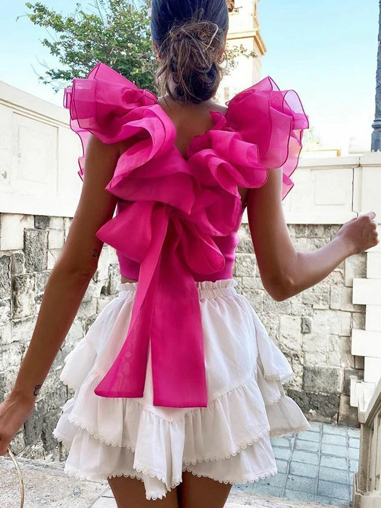 

New Summer Chiffon Blouse Women Transparent Organza Pink Puff Ruffle Sleeve Back Bow Top Corset Woman Top Woman Party Pink Top