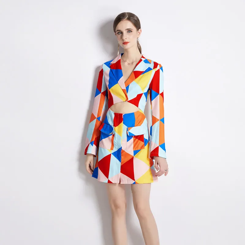 

Elegant Notched Neck Fake Two Piece Women Dresses Autumn Long Sleeve Runway Designer Hollow Out Geometric Print Mini Dress