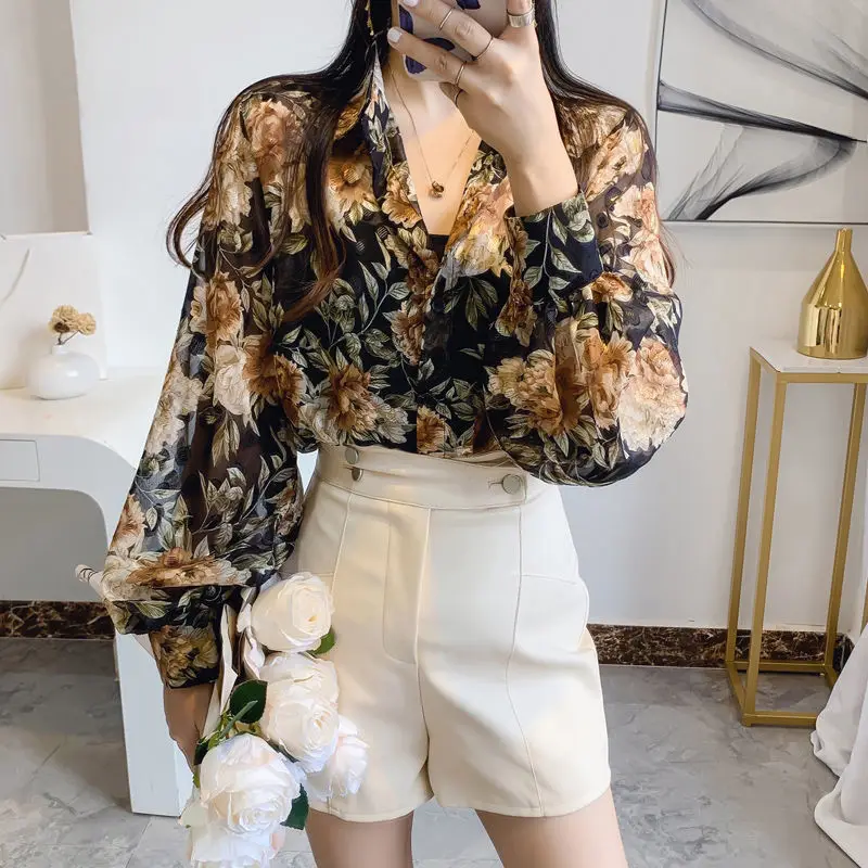 Spring Summer New Printing Lantern-sleeve Chiffon Shirt Tops Loose Thin Floral Blouses Temperament Elegant Women Clothing
