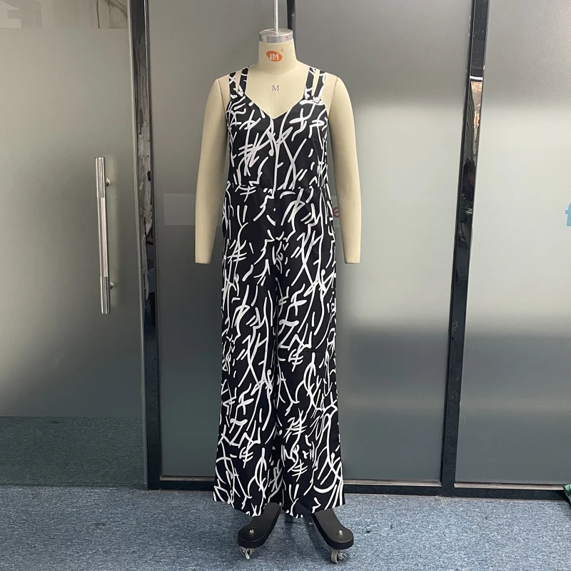 LIYONG Women Jumpsuit Summer Fashion Round Neck Sling Sleeveless Printing Casual Loose With Pockets Wide Legs Pants Romper