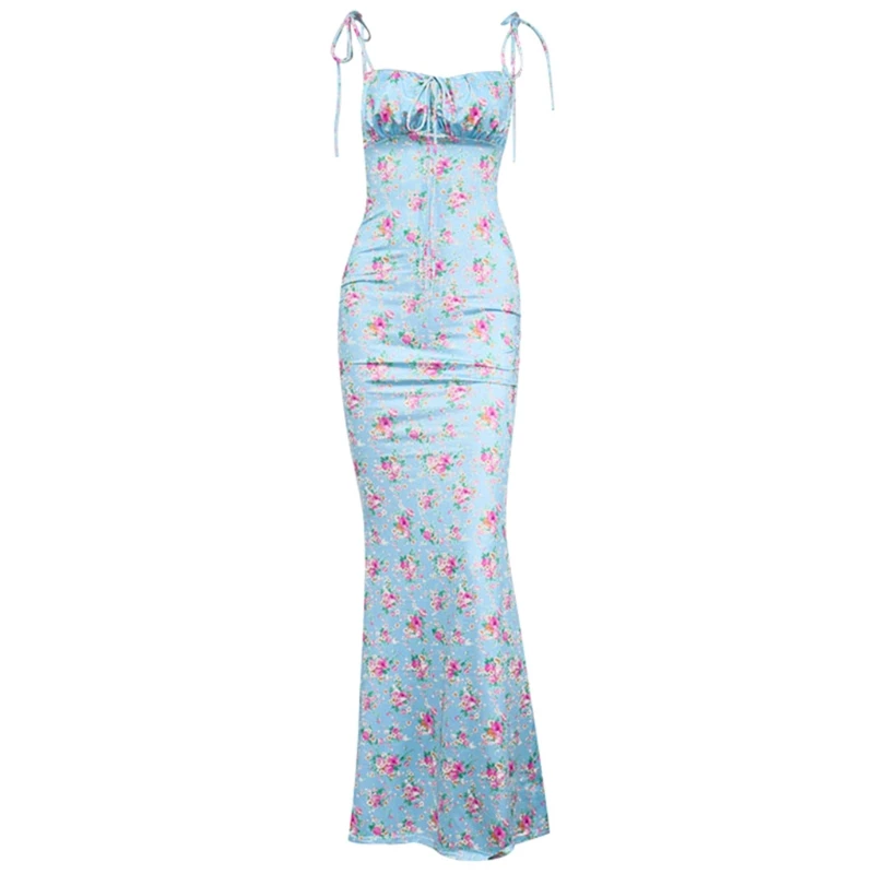 

Women Summer Sleeveless Tie Strap Floral Print Slim Maxi Long Dress Sexy Hollow Out Lace-Up Front Backless Sundress