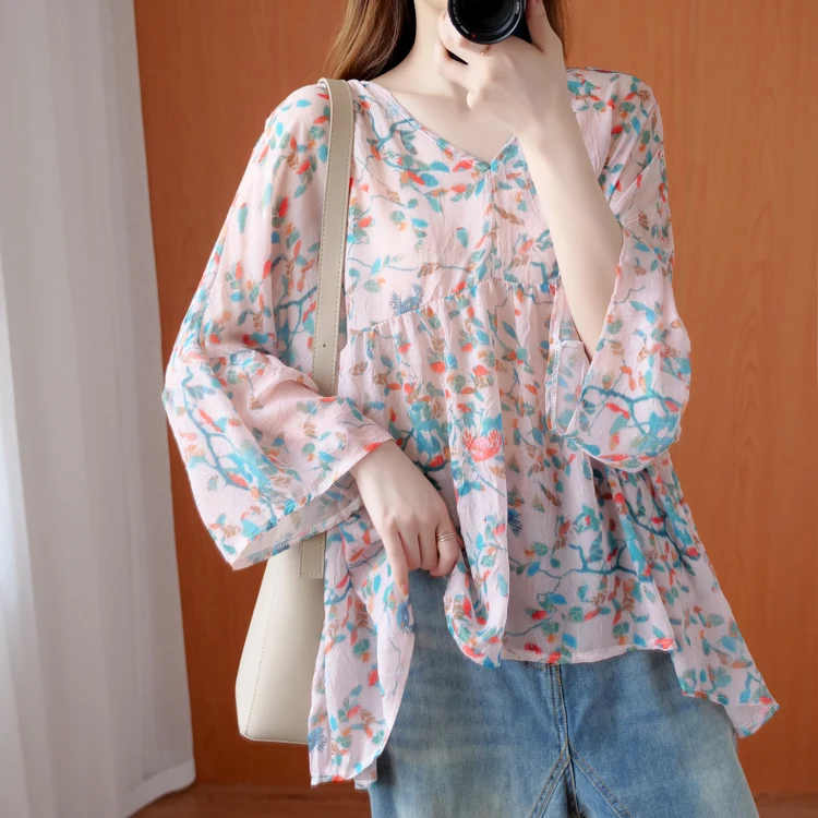

Pink Shirt Women's 2020 New Summer Chiffon Print V-neck Flare Sleeve Loose Top